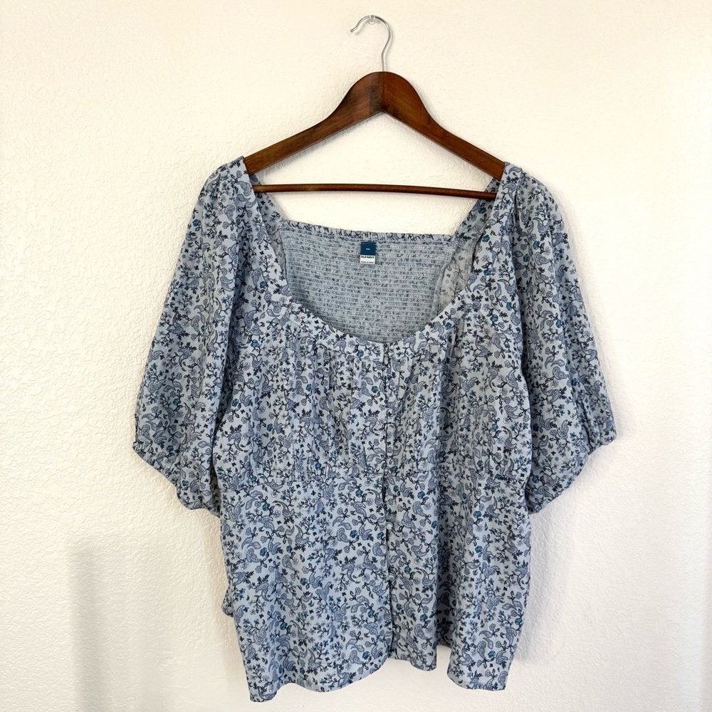 Old Navy Womens Shirt Blouse Blue Floral Puff Sleeve Smocked Back Size XXL